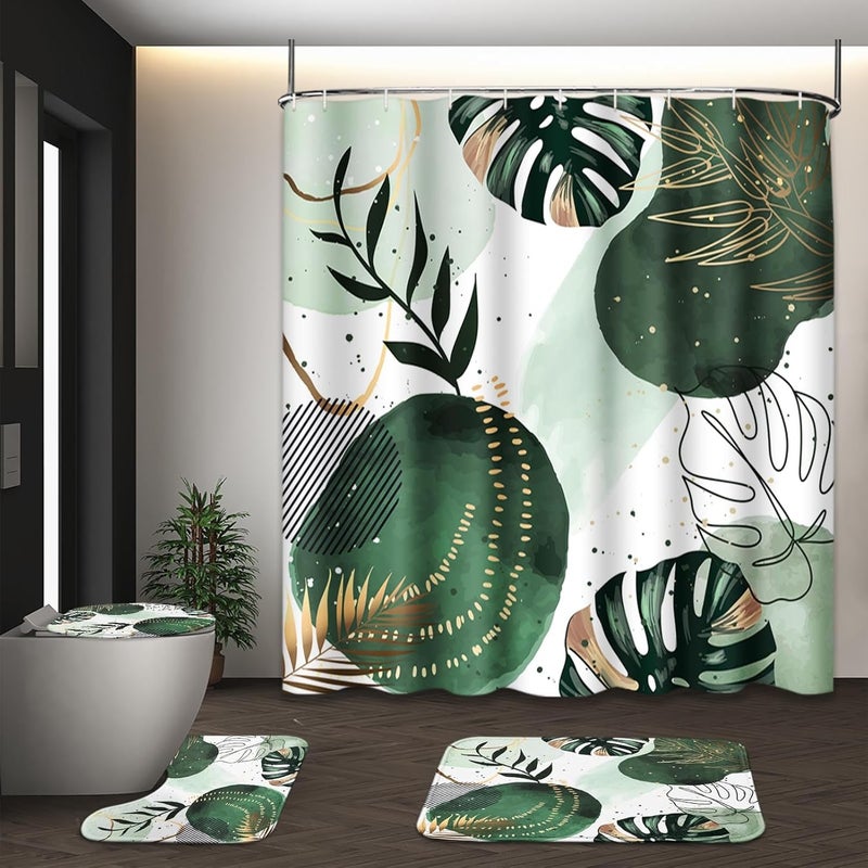 Tayney Sage Green Boho Shower Curtain Set with Toilet Lid Cover and Non-Slip Rugs, Mid Century Plant Abstract Olive 4 Pcs Modern Shower Curtain for Bathroom Set with 12 Hooks - Image 1